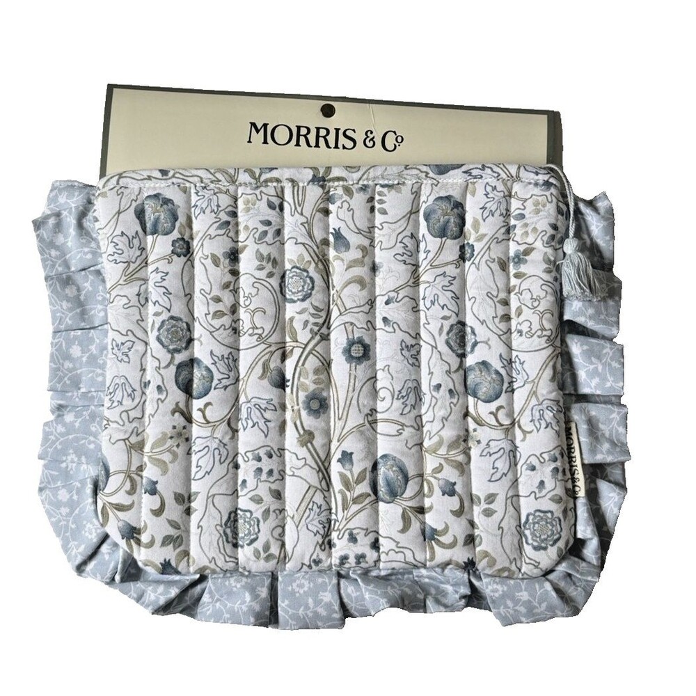 Morris & Co. Pouch Mary Isobel 8X10" Blue White 100% Coton Tassel Ruffled Edge